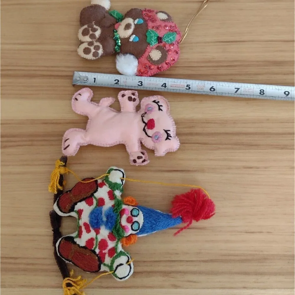 Vintage (3) Handmade Hand Stitched Stuffed Christmas Ornaments Crewel Clown Bear